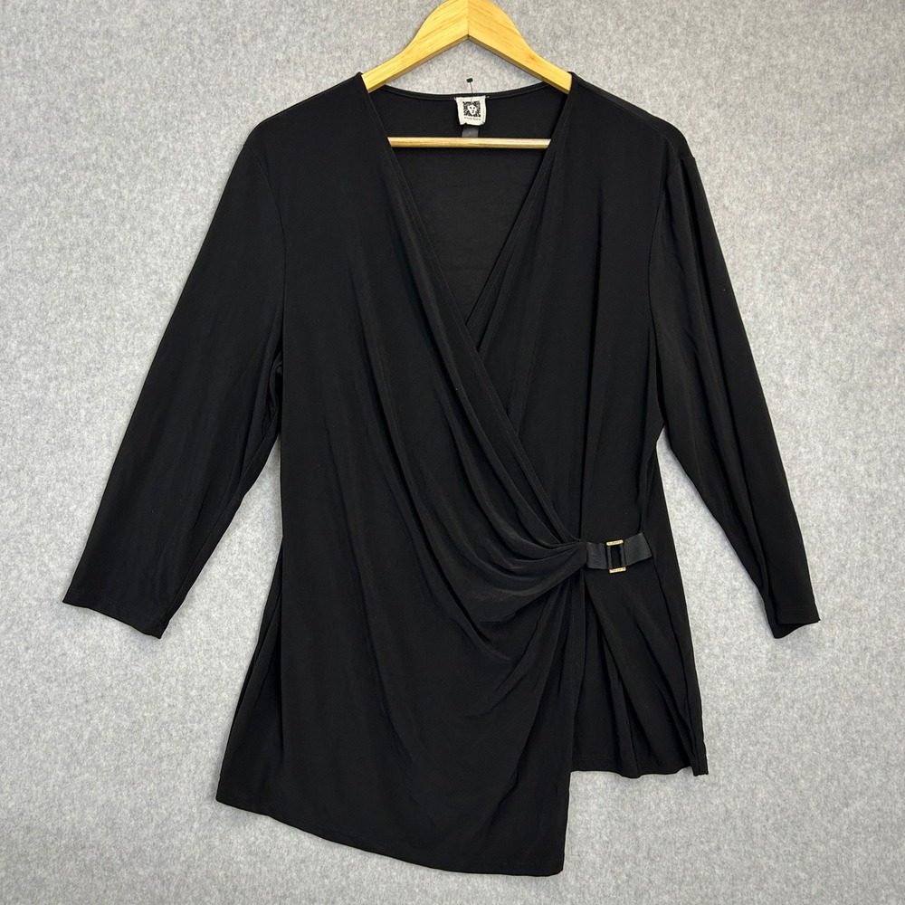 Anne Klein Wrap Top Black Gold Buckle Draped Asymmetric Blouse Mature Womens XL